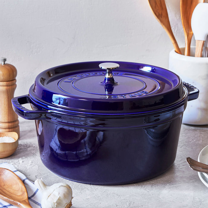 Staub Enameled Cast Iron 7 Quart Round Cocotte in Dark Blue